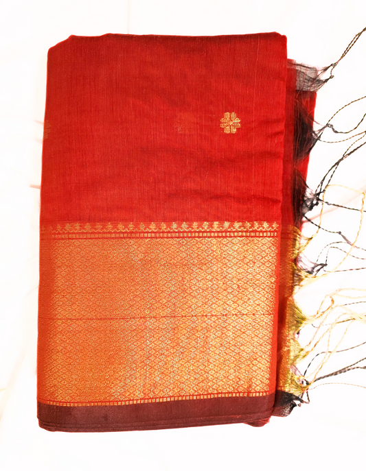 Red | Maheshwari Cotton Silk Handloom Saree with Golden Zari Border