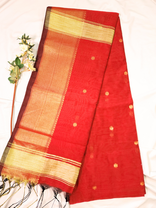 Red | Maheshwari Cotton Silk Handloom Saree with Golden Zari Border