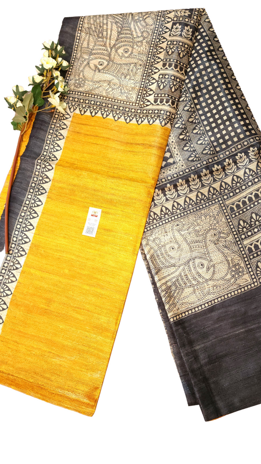 Mustard Yellow | Pure Tussar Ghicha Silk Sarees Printed Saree with Silk Mark