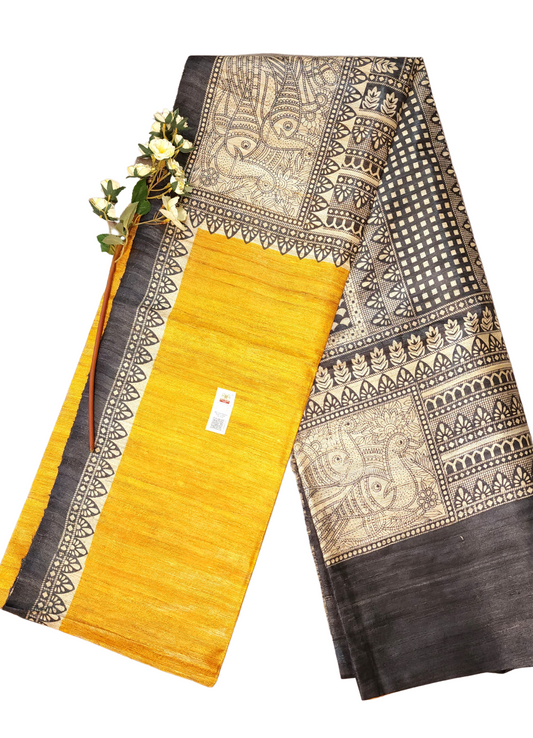 Mustard Yellow | Pure Tussar Ghicha Silk Sarees Printed Saree with Silk Mark