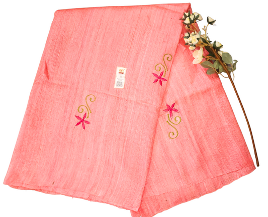 Peach | Pure Tussar Ghicha Silk Sarees Embroidery Saree with Silk Mark