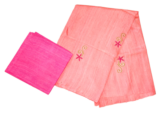 Peach | Pure Tussar Ghicha Silk Sarees Embroidery Saree with Silk Mark