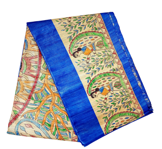 Dark Blue | Tussar Ghicha Silk Handloom Saree with Madhubani Hand Painting-Silk Mark Certified