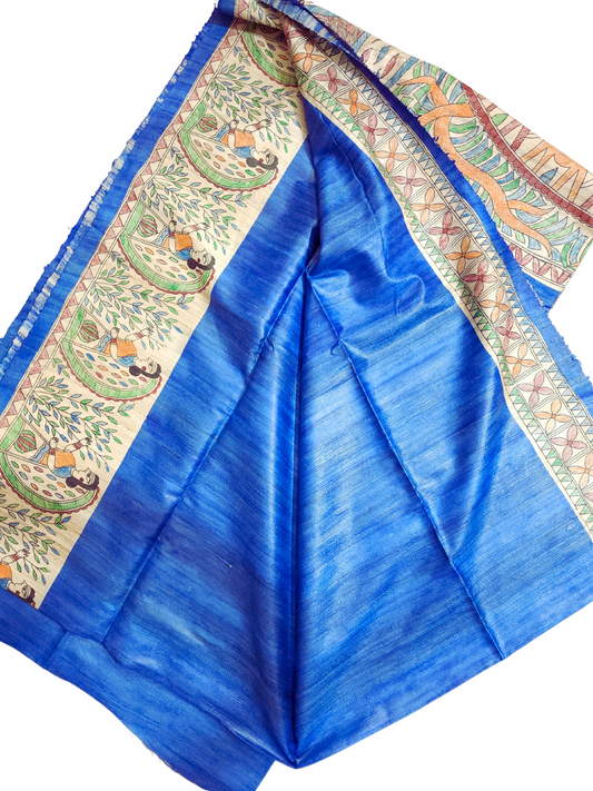 Dark Blue | Tussar Ghicha Silk Handloom Saree with Madhubani Hand Painting-Silk Mark Certified