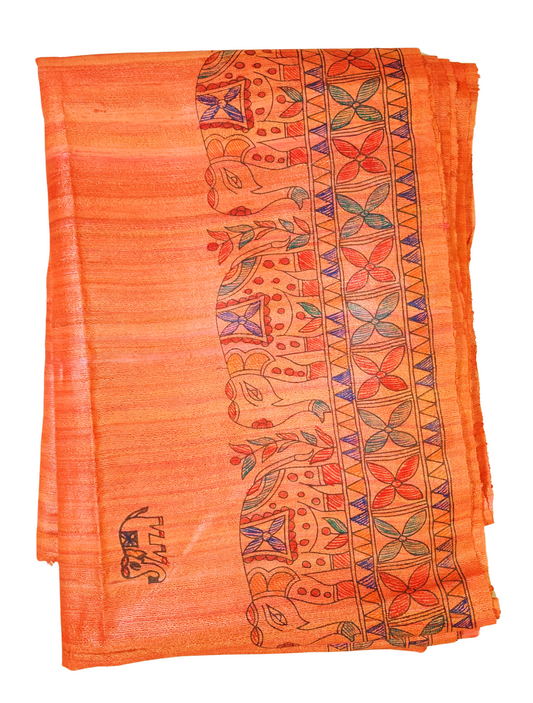 Orange | Tussar Ghicha Silk Handloom Saree with Madhubani Hand Painting-Silk Mark Certified