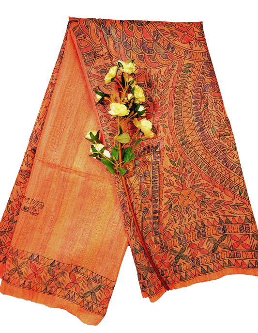 Orange | Tussar Ghicha Silk Handloom Saree with Madhubani Hand Painting-Silk Mark Certified