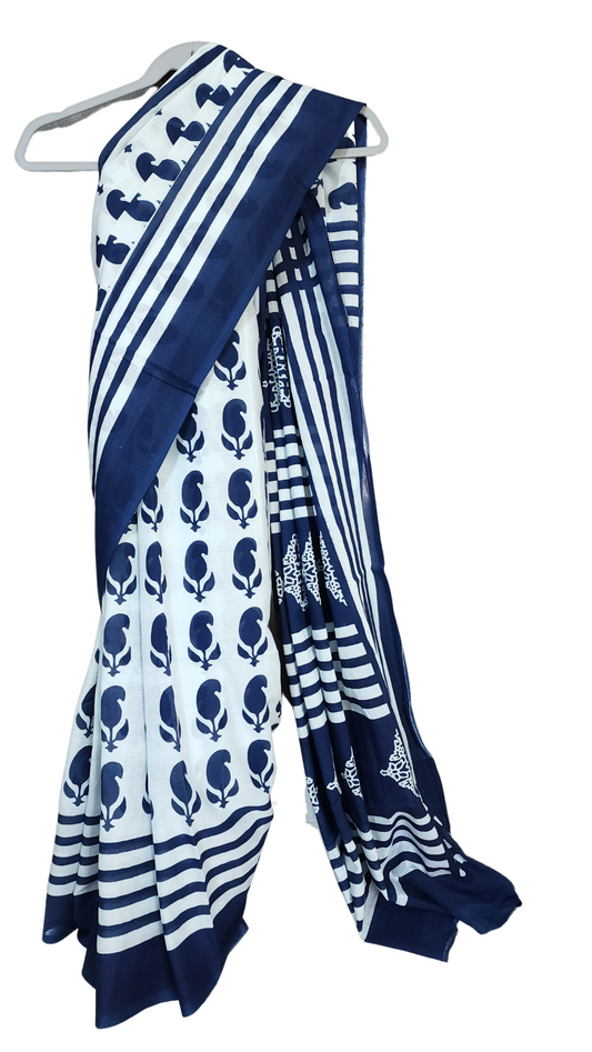 White & Blue | Mul Cotton Printed Saree