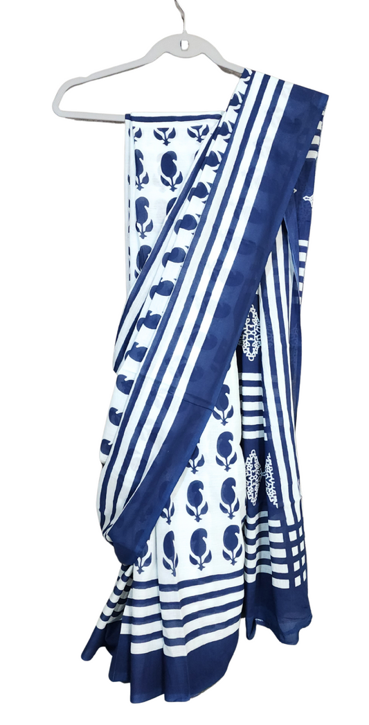 White & Blue | Mul Cotton Printed Saree