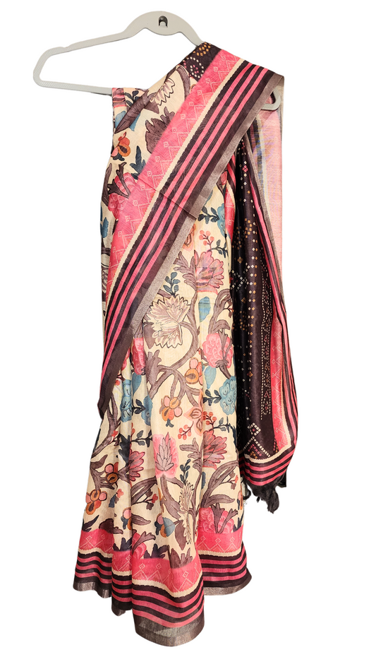 Brown & Peach | Cotton Mix Kalamkari Printed Saree