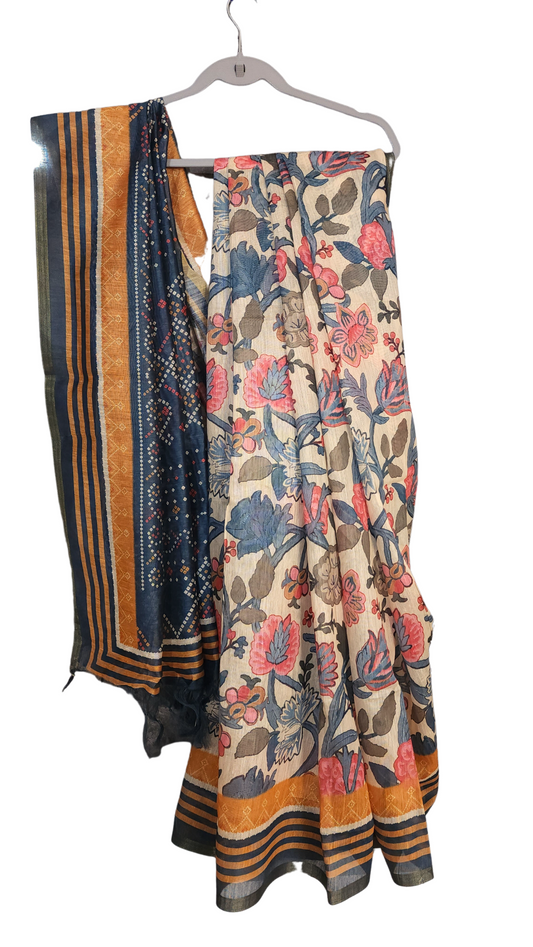 Blue & Peach | Cotton Mix Kalamkari Printed Saree