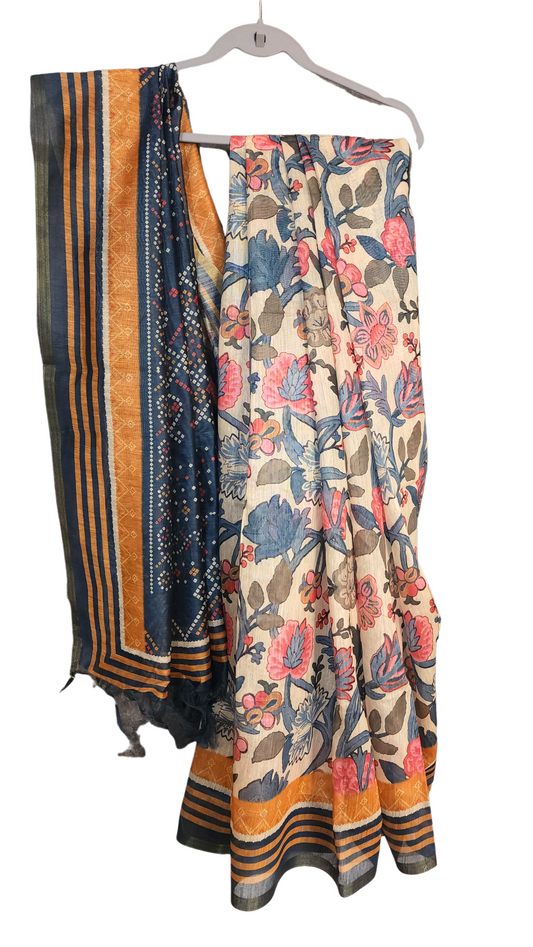 Blue & Peach | Cotton Mix Kalamkari Printed Saree