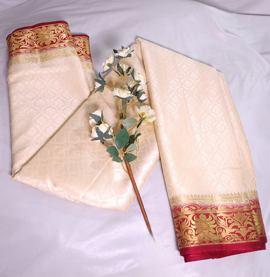 Beige & Red | Soft Silk Saree with Embossed Design & Thik Zari Border