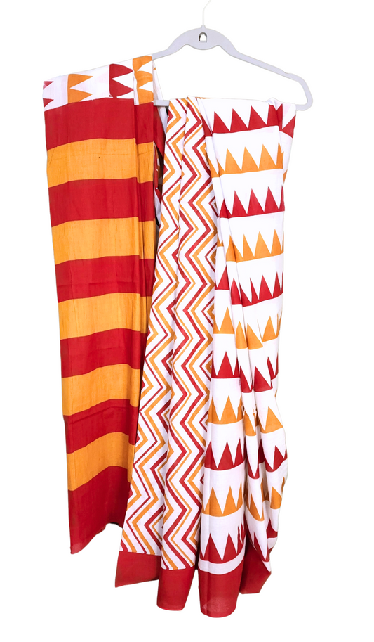 Orange & white | Mul Cotton Printed Saree