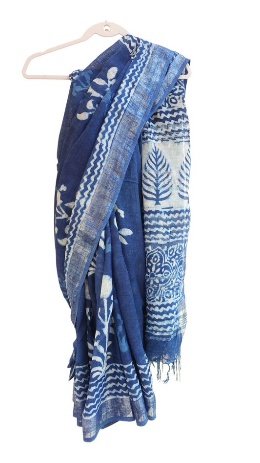 Blue | Linen Bagru Handblock Print Saree