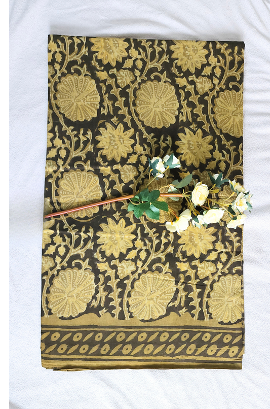 Olive Green | Mul Mul Cotton Ajrakh Hand Block Printed Saree