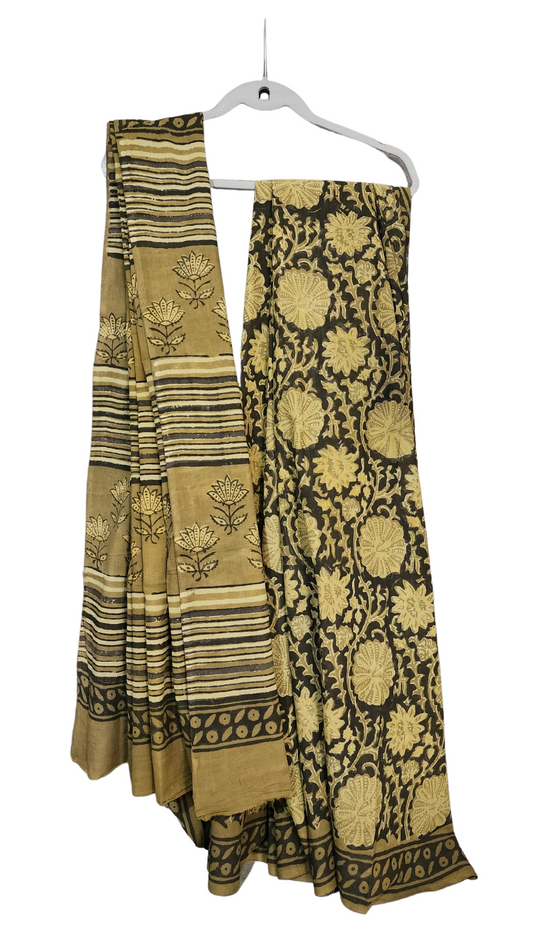 Olive Green | Mul Mul Cotton Ajrakh Hand Block Printed Saree