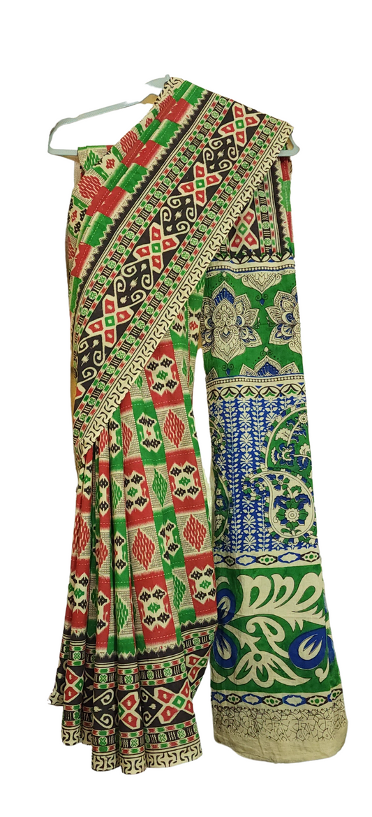 Red & Green | Mul Mul Cotton Handmade Pedana Kalamkari Saree