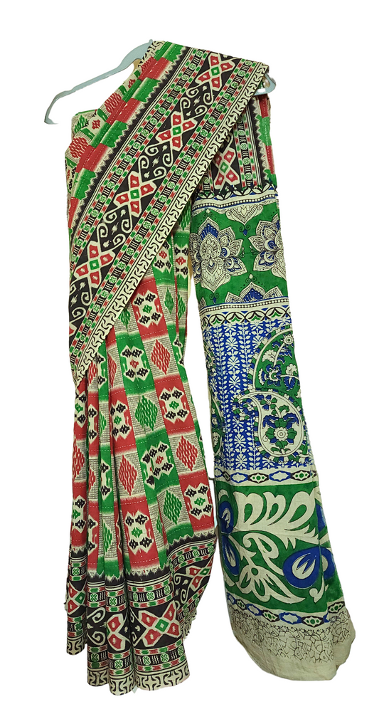 Red & Green | Mul Mul Cotton Handmade Pedana Kalamkari Saree