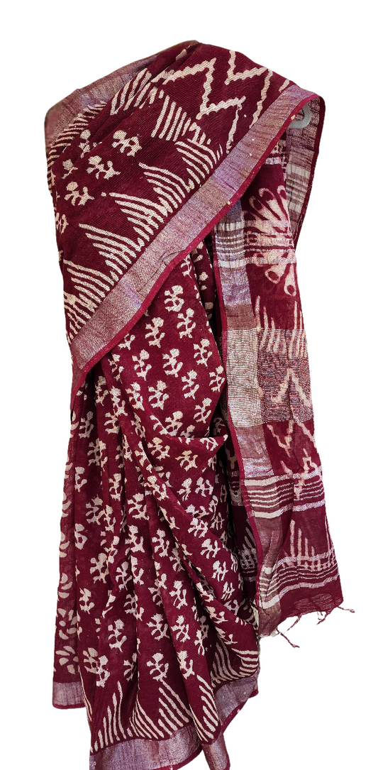 Maroon | Linen Bagru Handblock Print Saree