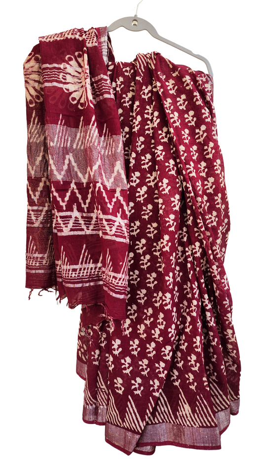 Maroon | Linen Bagru Handblock Print Saree