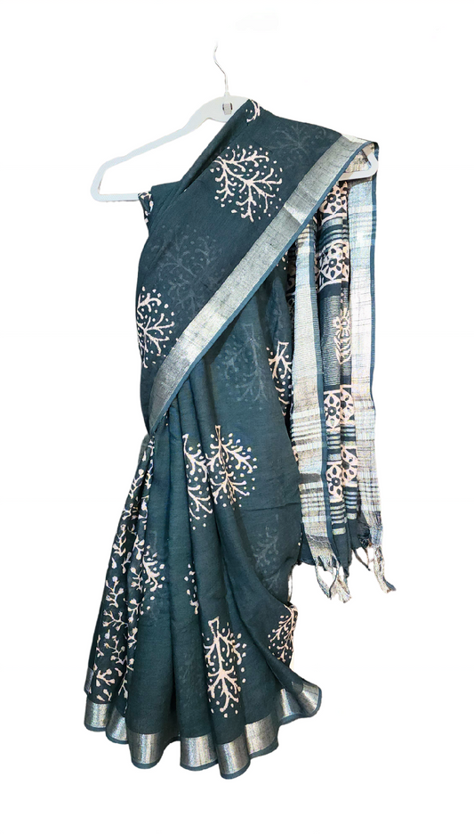 Grey | Linen Bagru Handblock Print Saree