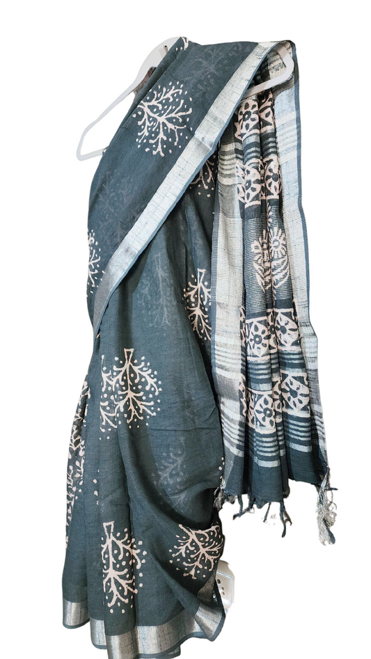 Grey | Linen Bagru Handblock Print Saree