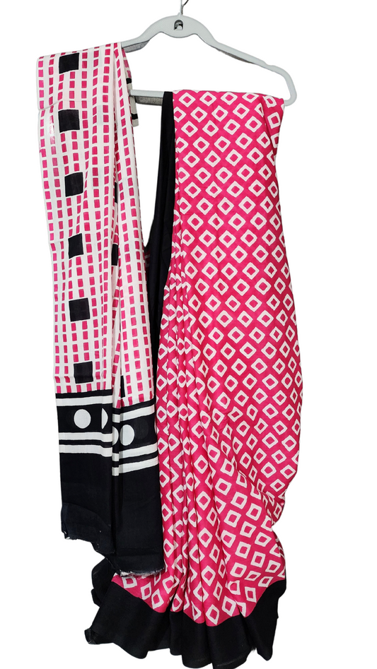 Pink & Black | Mul Cotton Printed Saree