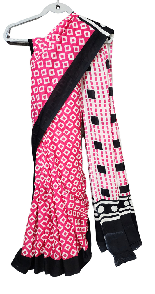 Pink & Black | Mul Cotton Printed Saree