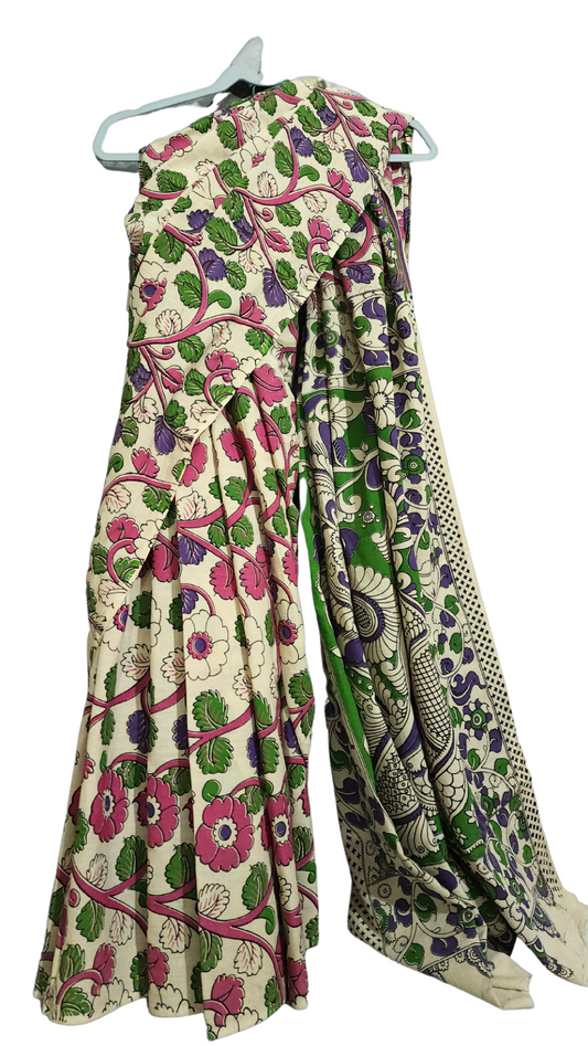 Green & Pink | Mul Mul Cotton Handmade Pedana Kalamkari  Saree