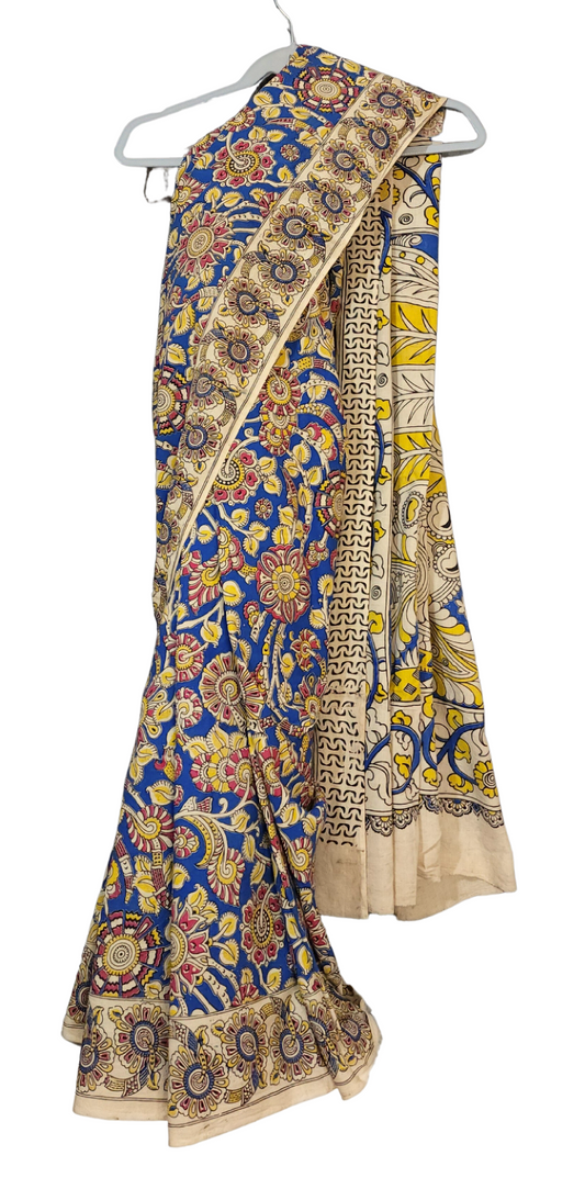 Yellow & Blue | Mul Mul Cotton Handmade Pedana Kalamkari  Saree