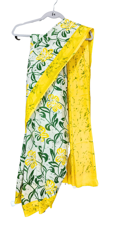 Yellow & Green | Mul Cotton Printed Saree