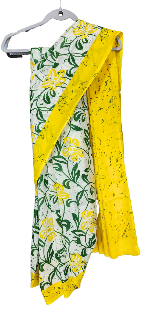 Yellow & Green | Mul Cotton Printed Saree