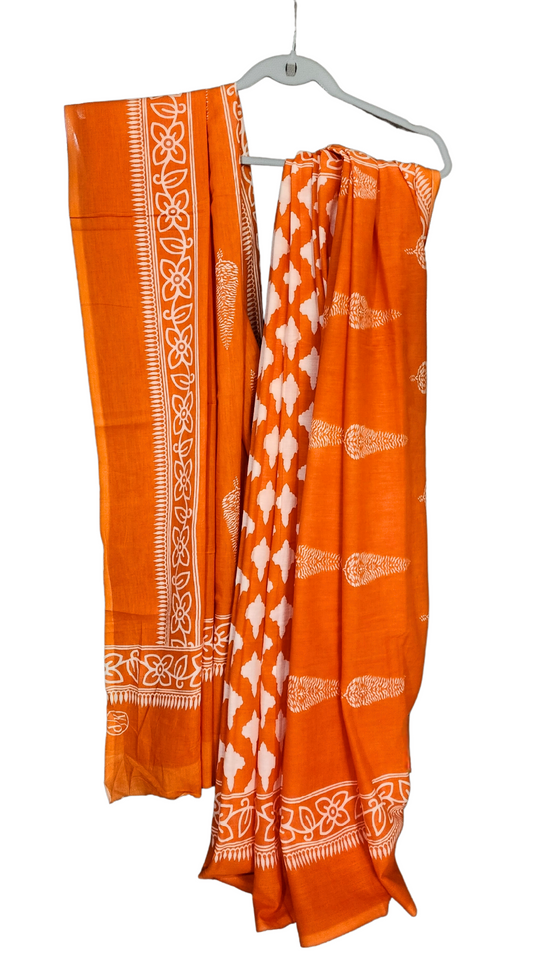 Orange | Mul Cotton Printed Saree