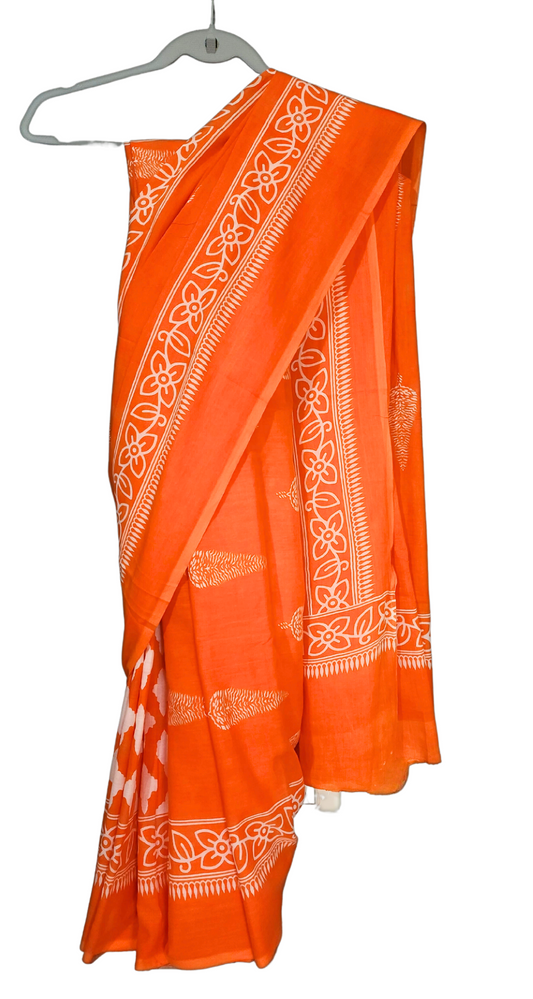 Orange | Mul Cotton Printed Saree