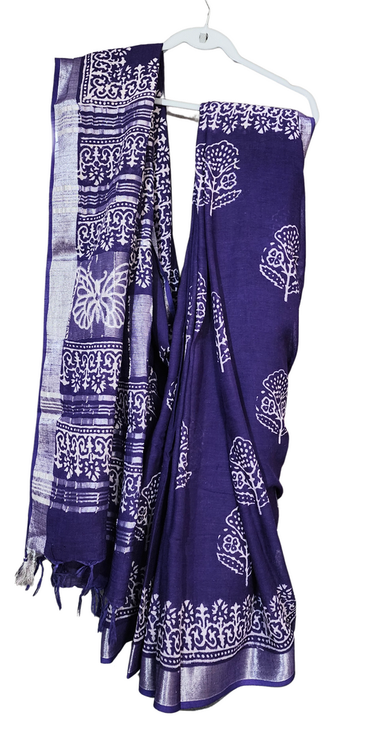 Purple | Linen Bagru Handblock Print Saree