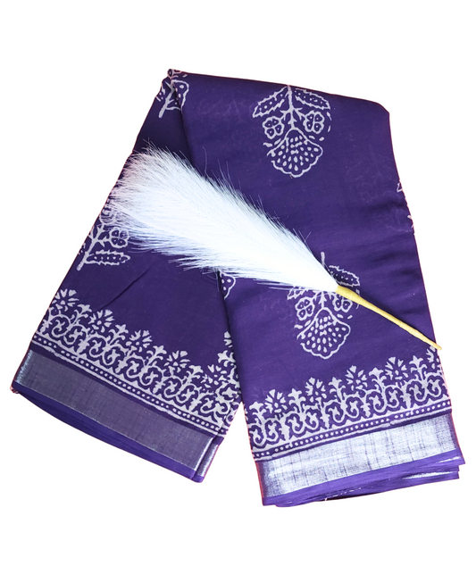 Purple | Linen Bagru Handblock Print Saree