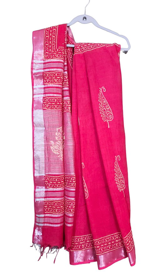 Pink | Linen Bagru Handblock Print Saree