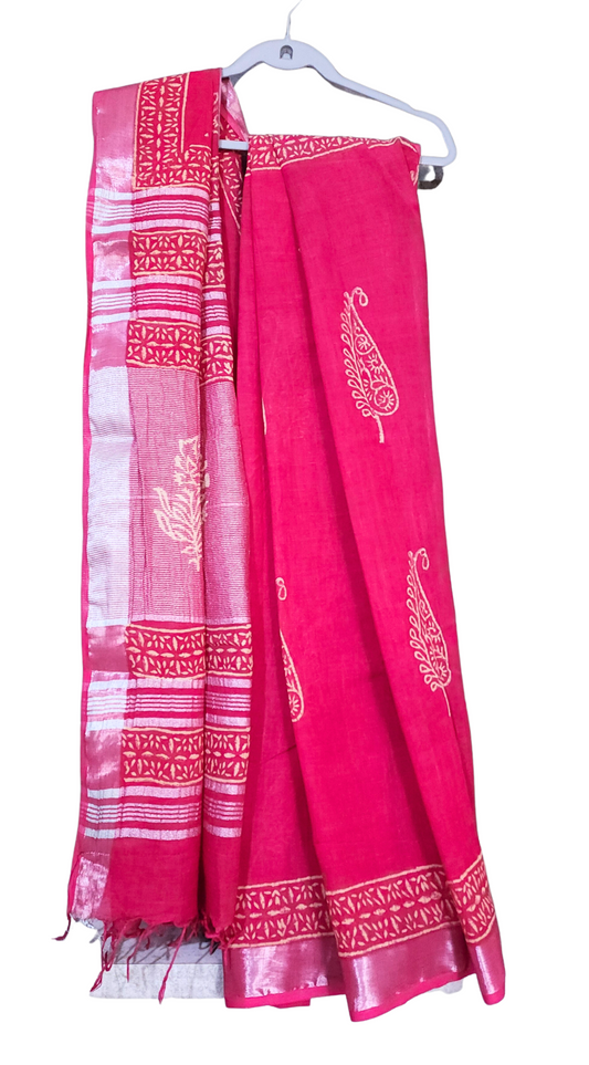 Pink | Linen Bagru Handblock Print Saree