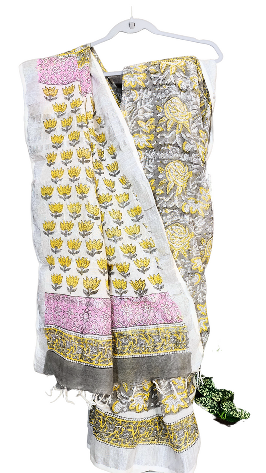 Yellow & Grey | Linen Bagru Handblock Print Saree