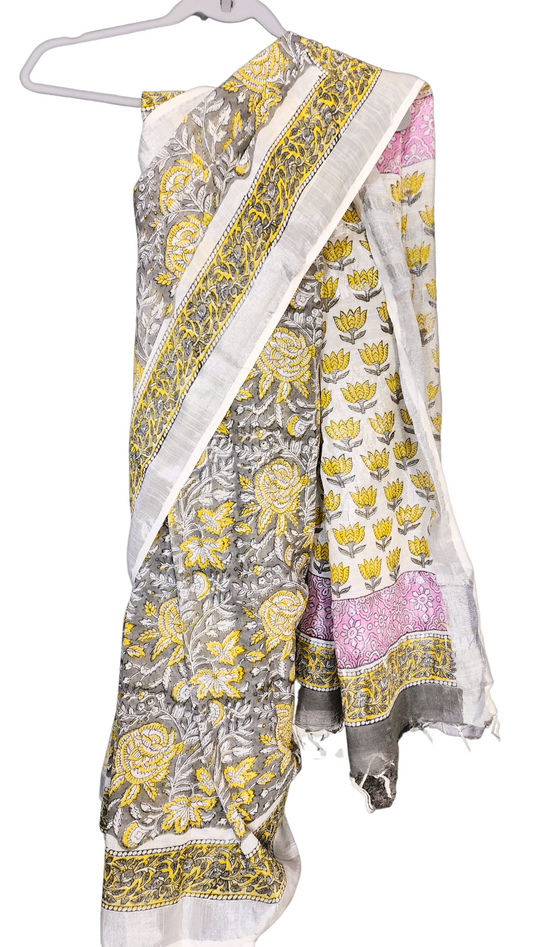 Yellow & Grey | Linen Bagru Handblock Print Saree