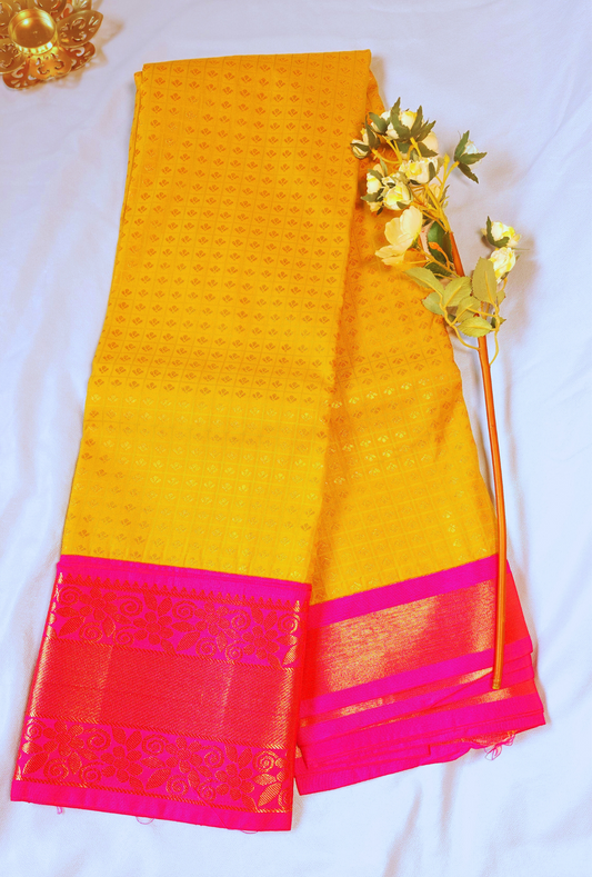 Mustard Yellow | Vegan Silk Saree with Broad Pink Zari Border