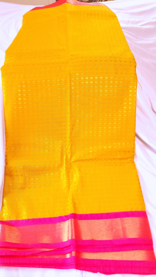 Mustard Yellow | Vegan Silk Saree with Broad Pink Zari Border