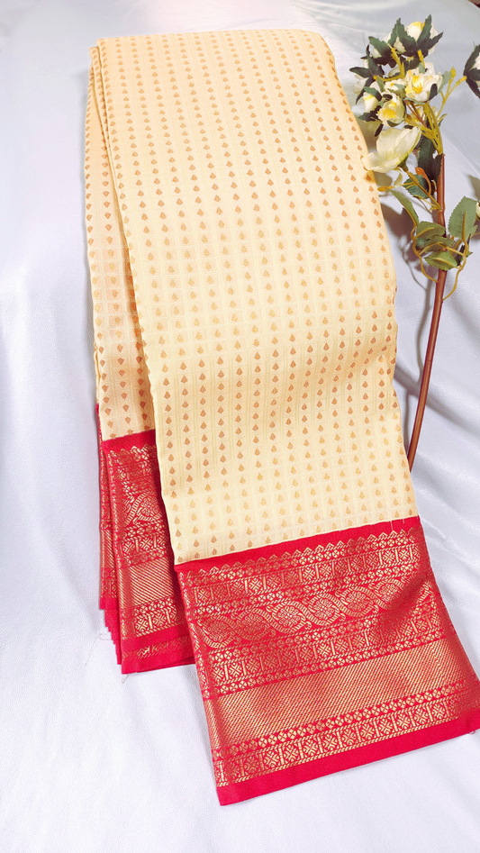 Beige | Vegan Silk Saree with Broad Red Zari Border