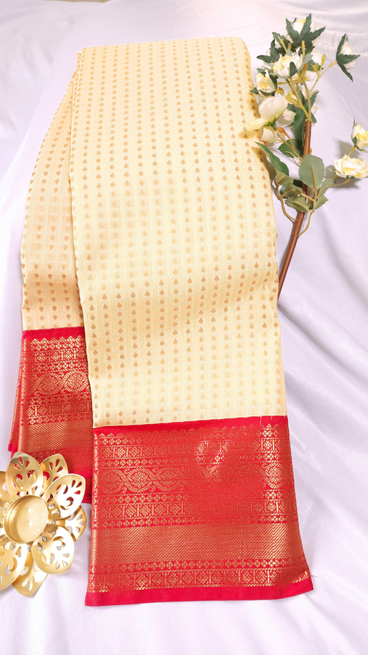 Beige | Vegan Silk Saree with Broad Red Zari Border