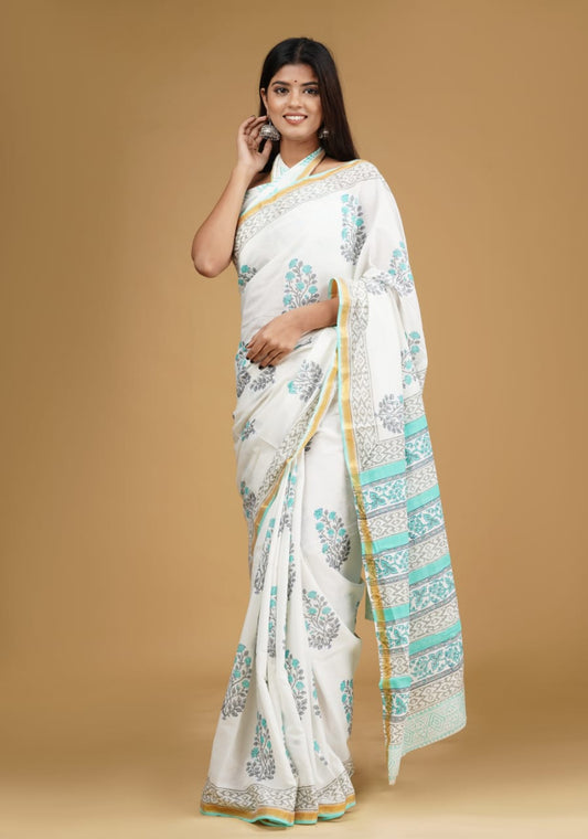 White | Cotton Printed Saree with Zari border