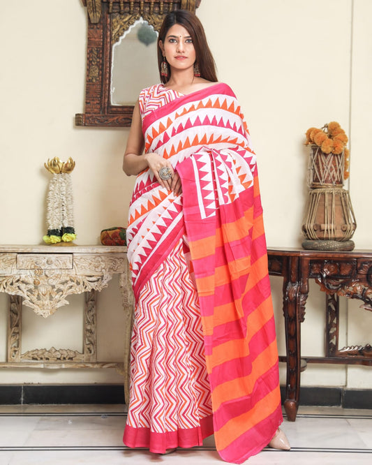 Pink & white | Mul Cotton Printed Saree