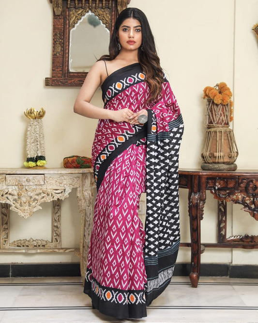 Pink & Black | Mul Cotton Printed Saree