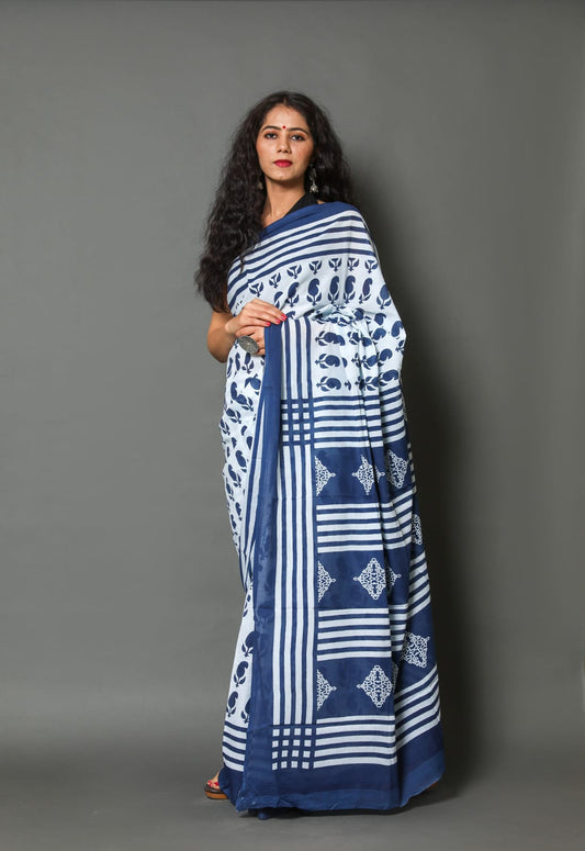 White & Blue | Mul Cotton Printed Saree