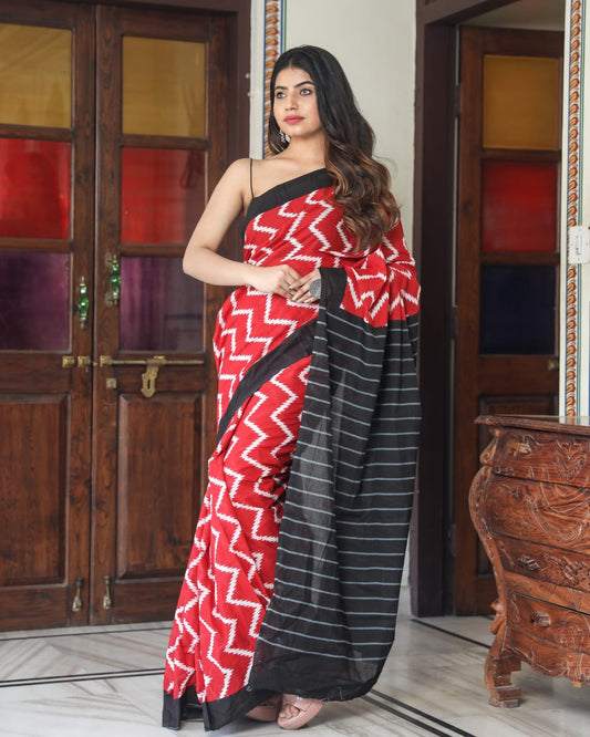 Red & Black | Mul Cotton Printed Saree