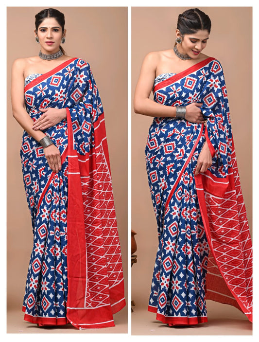 Dark Blue & Red | Mul Mul Cotton Hand Block Printed Saree